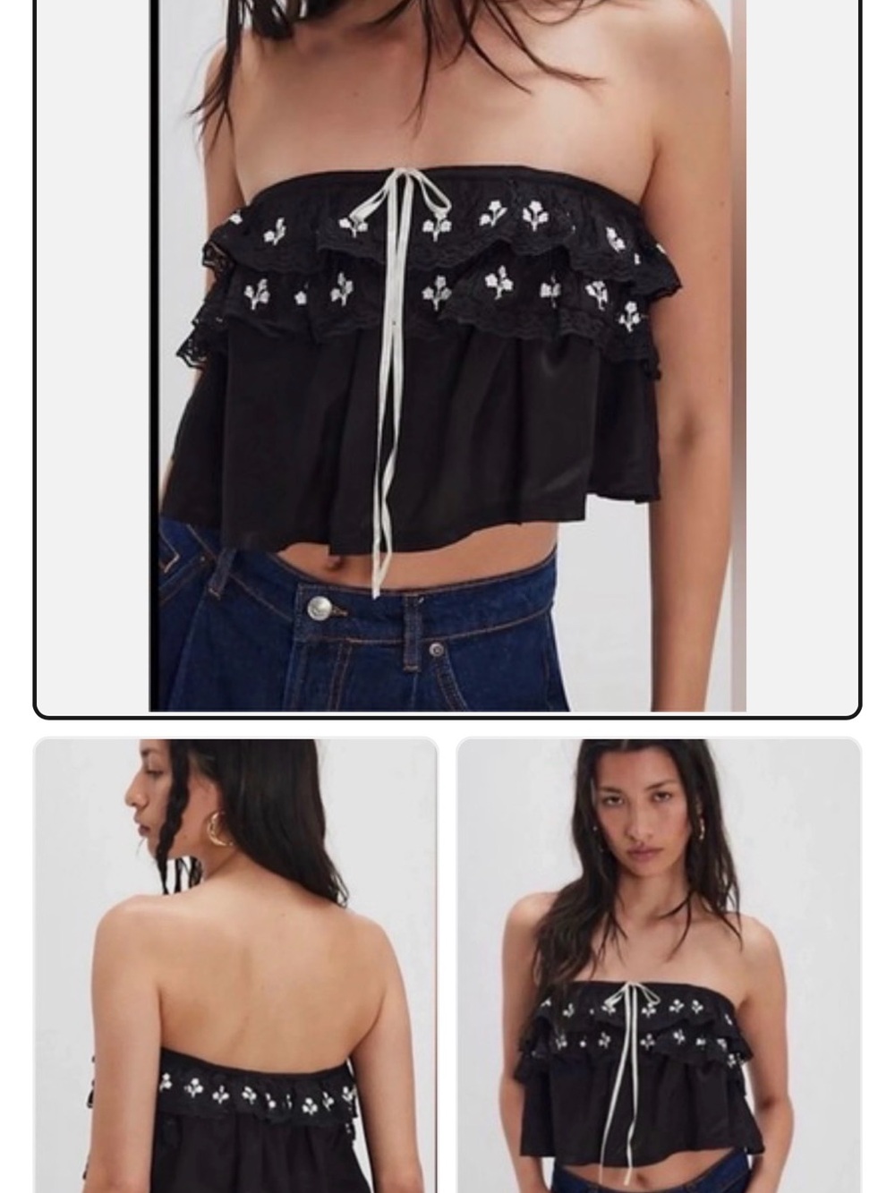 Free People Black Strapless Ruffle Crop Top with White Embroidered Trim NWOT